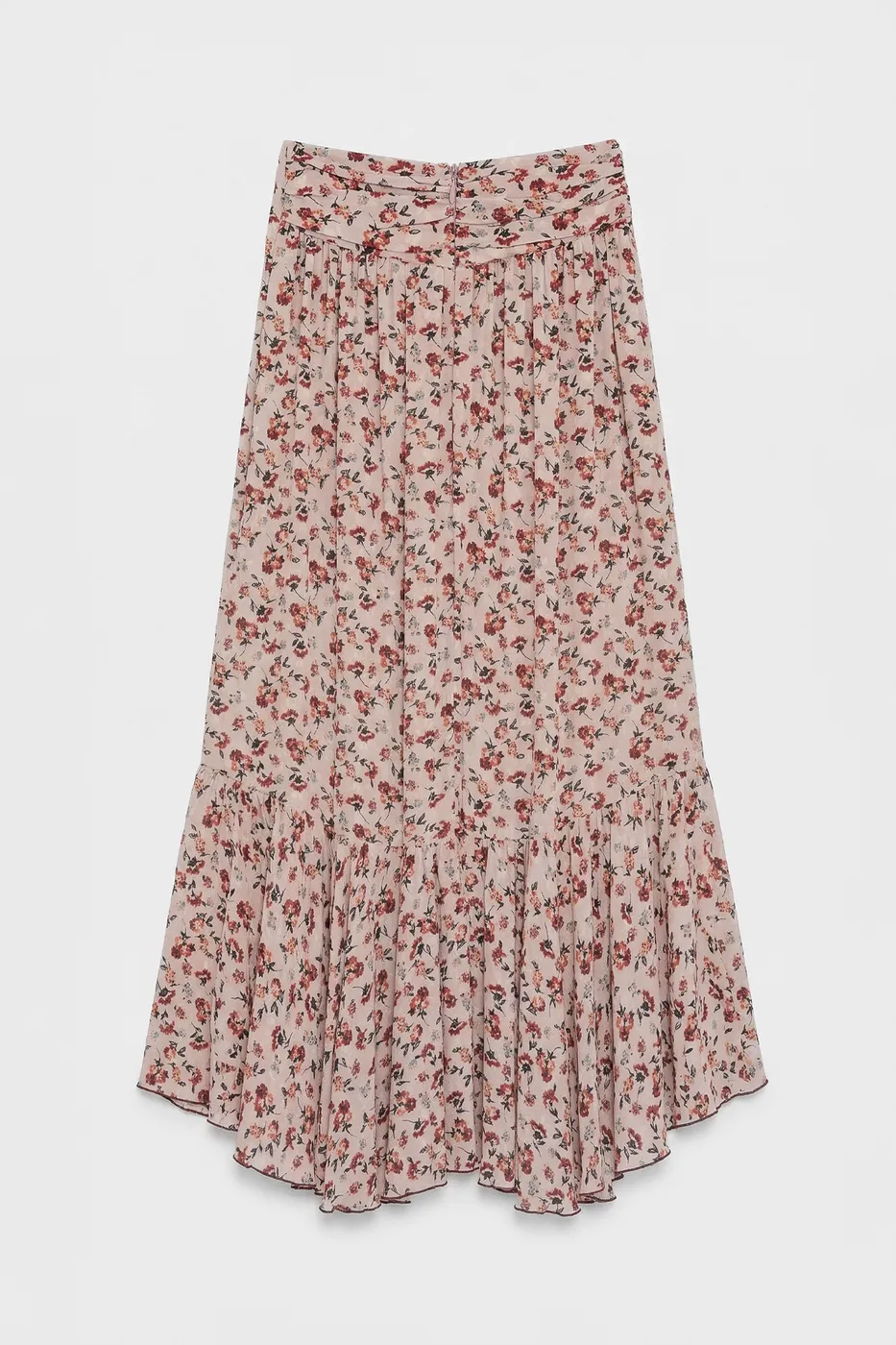 Bayan Pudra Keten Karışımlı Fırfırlı Asimetrik Midi Etek