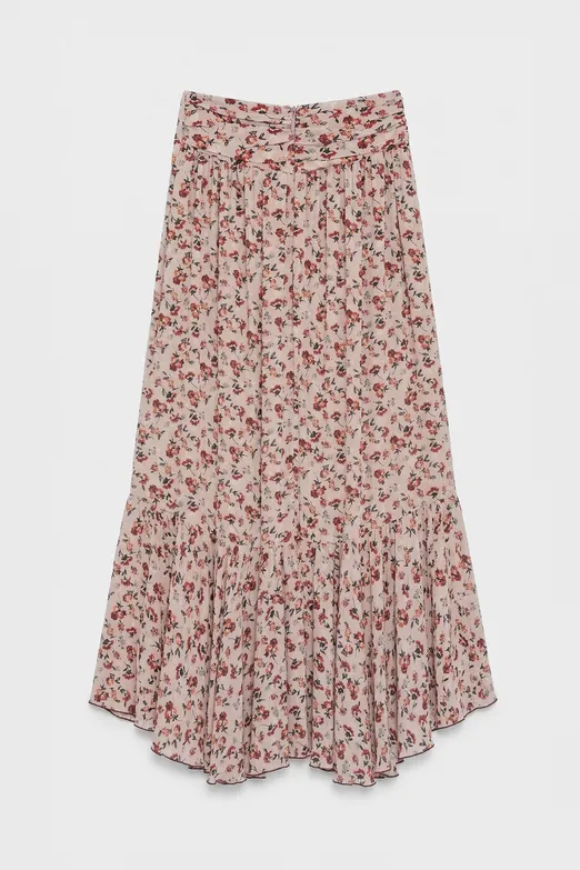 Bayan Pudra Keten Karışımlı Fırfırlı Asimetrik Midi Etek - BSL