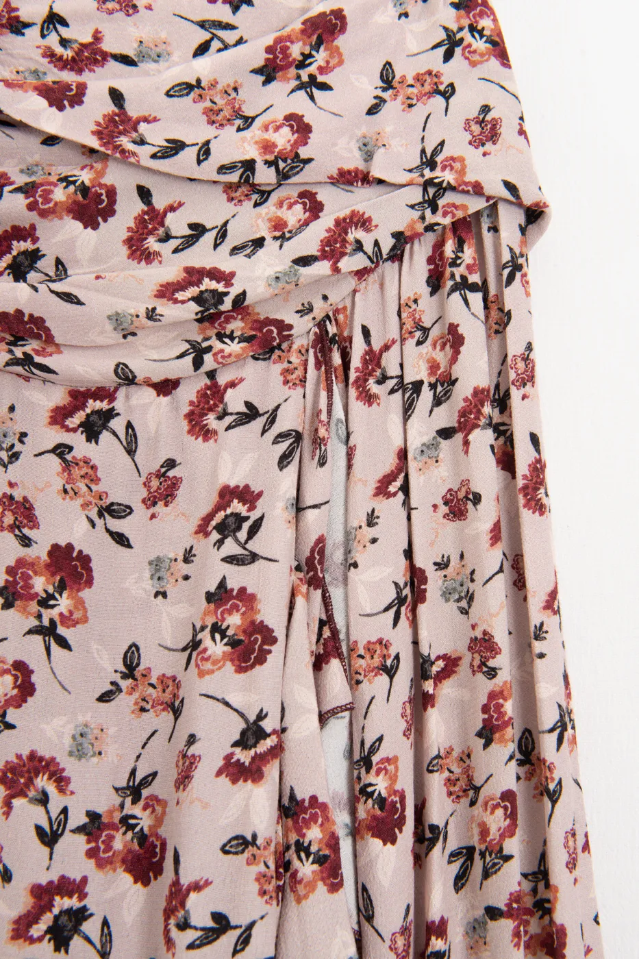 Bayan Pudra Keten Karışımlı Fırfırlı Asimetrik Midi Etek