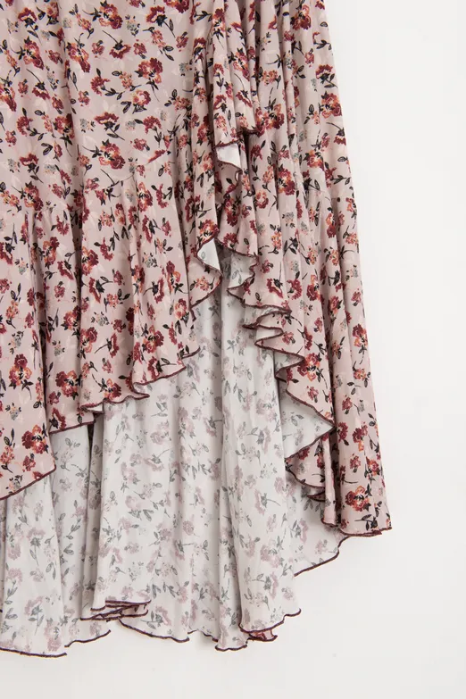 Bayan Pudra Keten Karışımlı Fırfırlı Asimetrik Midi Etek - BSL