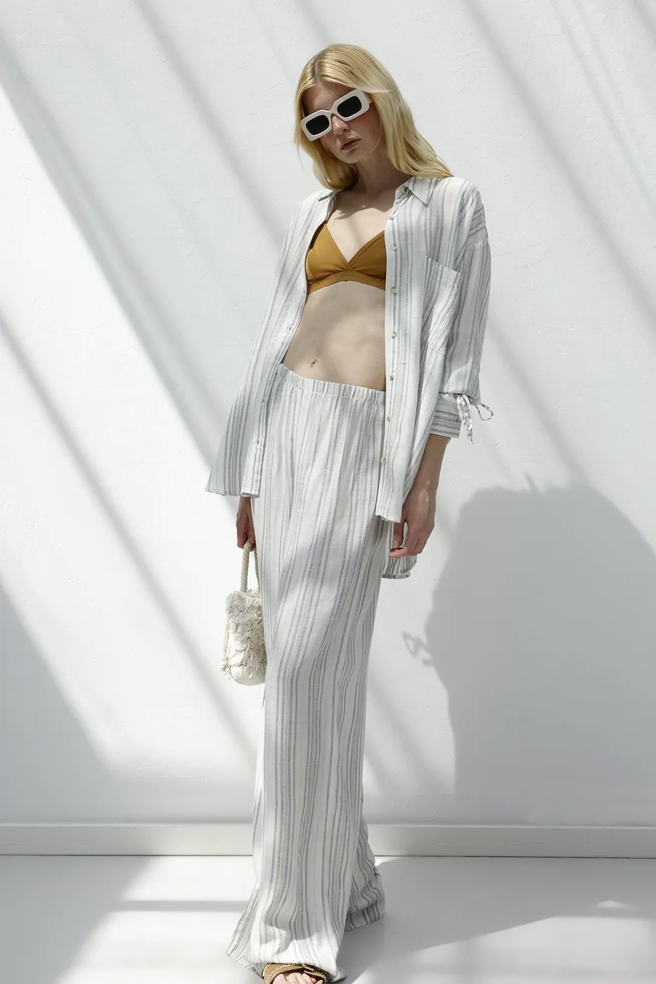 Bayan Ekru Keten Karışımlı Bol Pantolon