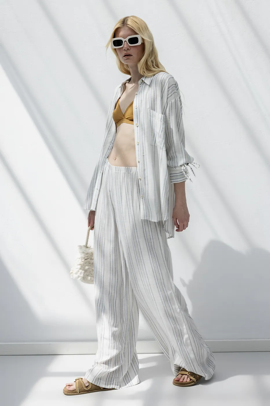 Bayan Ekru Keten Karışımlı Bol Pantolon