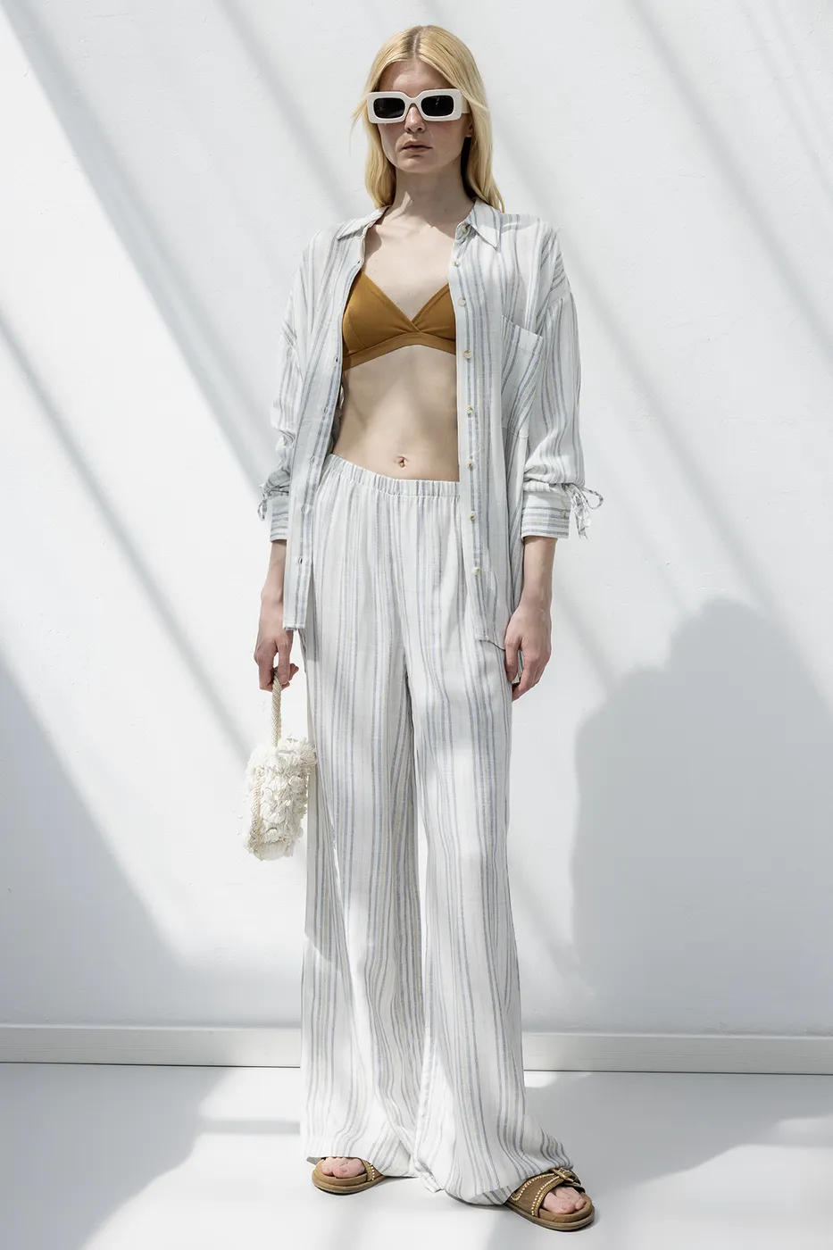 Bayan Ekru Keten Karışımlı Bol Pantolon