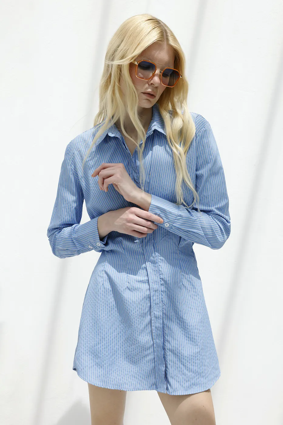 Bayan Mavi Volanlı Etek Detaylı Gömlek Elbise