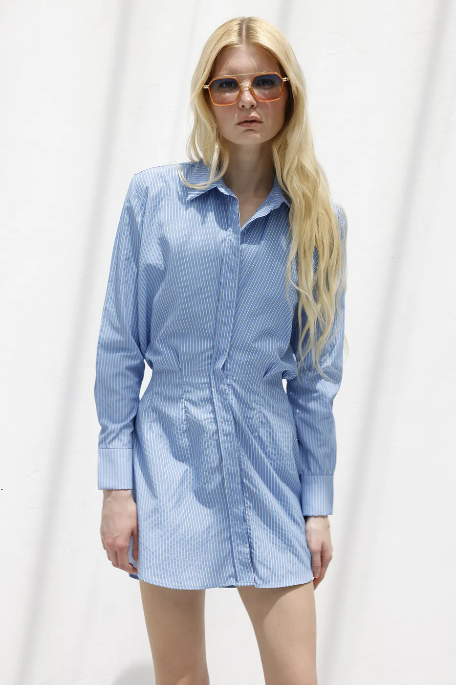 Bayan Mavi Volanlı Etek Detaylı Gömlek Elbise