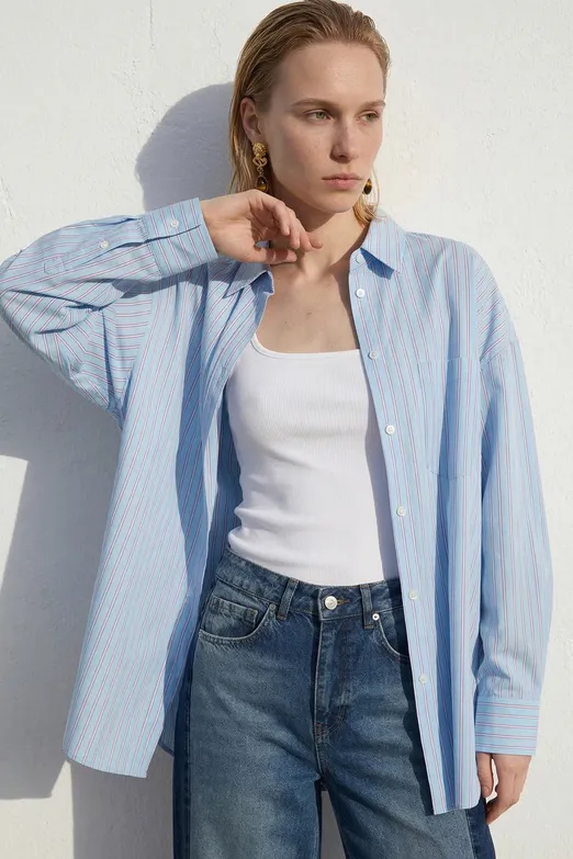 Bayan Mavi Çizgili Oversize Gömlek - BSL