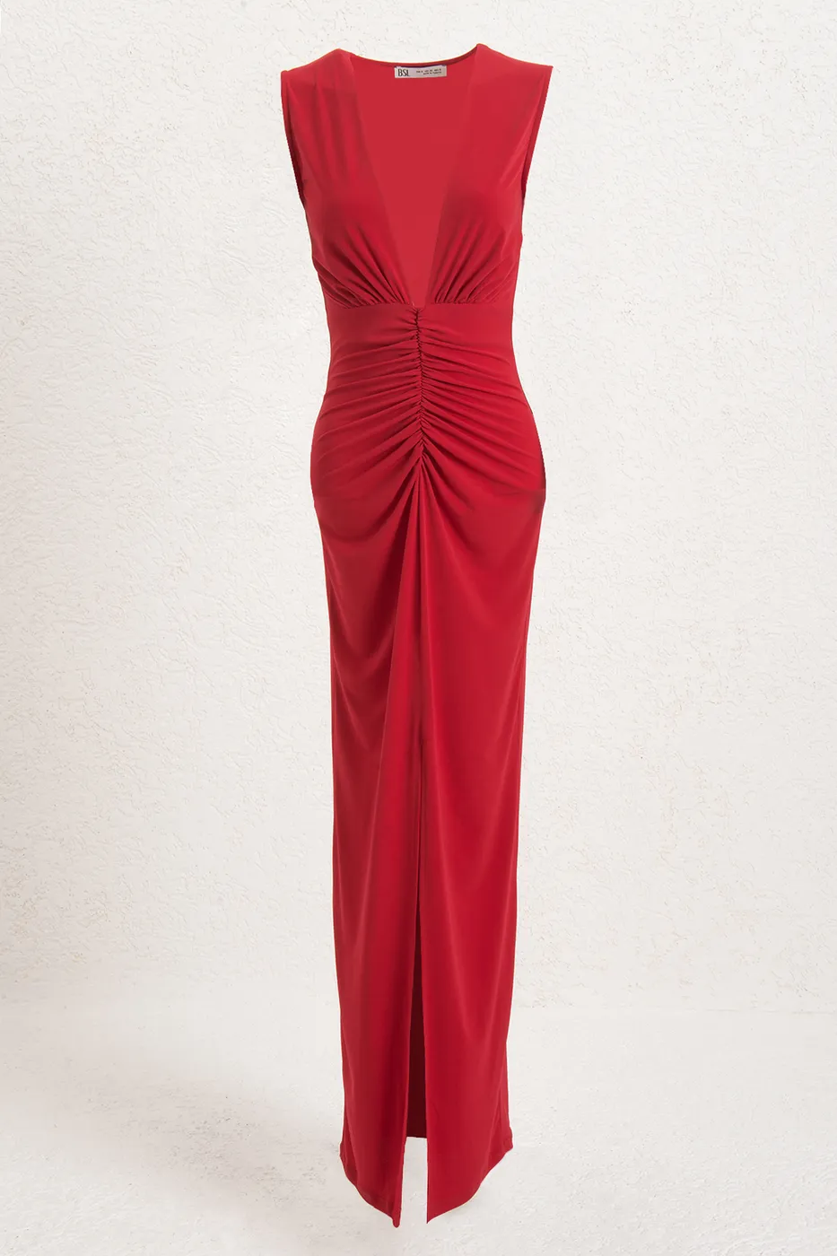 Bayan Kırmızı Derin V Yakalı Drapeli Elbise