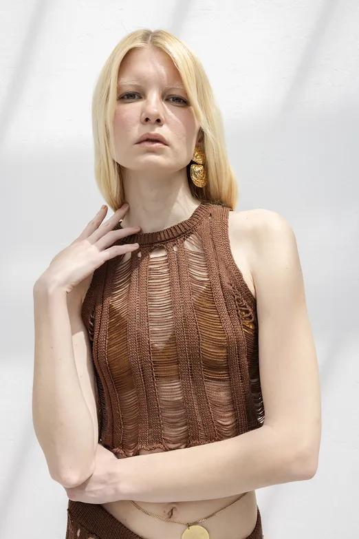 Bayan Kahverengi Örme File Crop Plaj Bluz - BSL