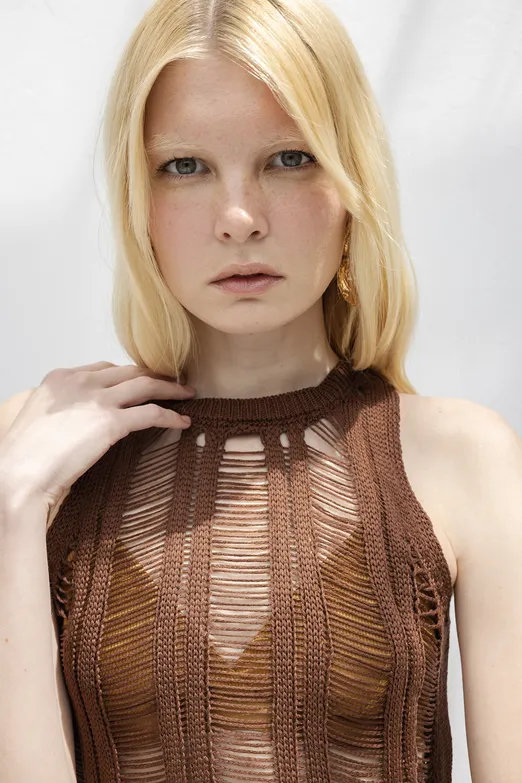 Bayan Kahverengi Örme File Crop Plaj Bluz - BSL