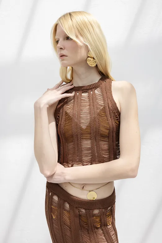 Bayan Kahverengi Örme File Crop Plaj Bluz - BSL