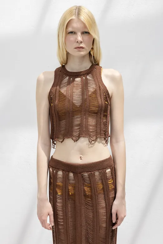 Bayan Kahverengi Örme File Crop Plaj Bluz - BSL