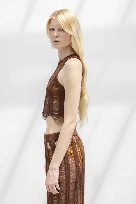 Bayan Kahverengi Örme File Crop Plaj Bluz - BSL