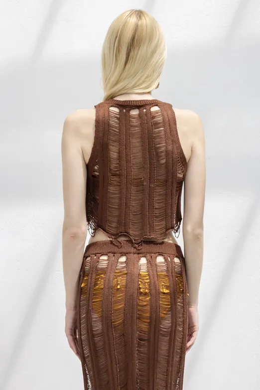 Bayan Kahverengi Örme File Crop Plaj Bluz - BSL