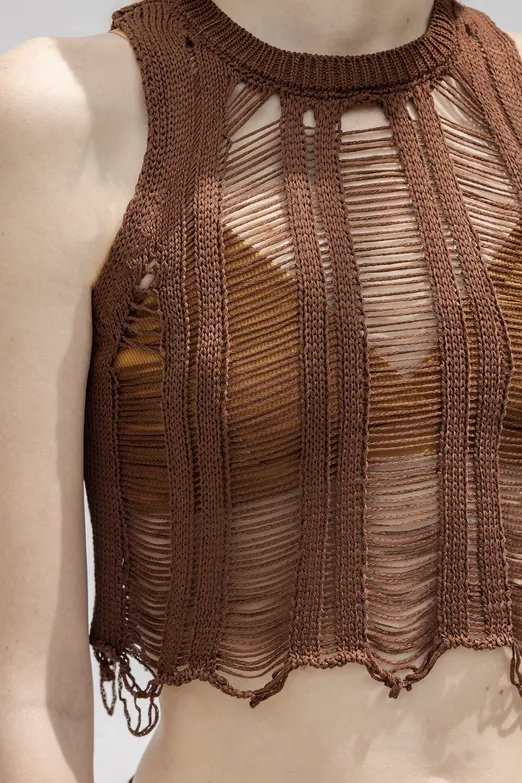 Bayan Kahverengi Örme File Crop Plaj Bluz - BSL