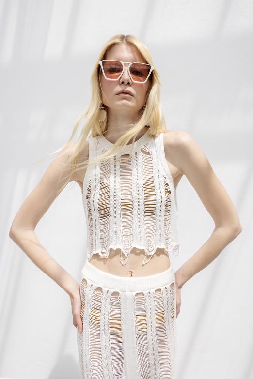 Bayan  Örme File Crop Plaj Bluz