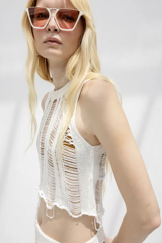 Bayan Beyaz Örme File Crop Plaj Bluz - BSL