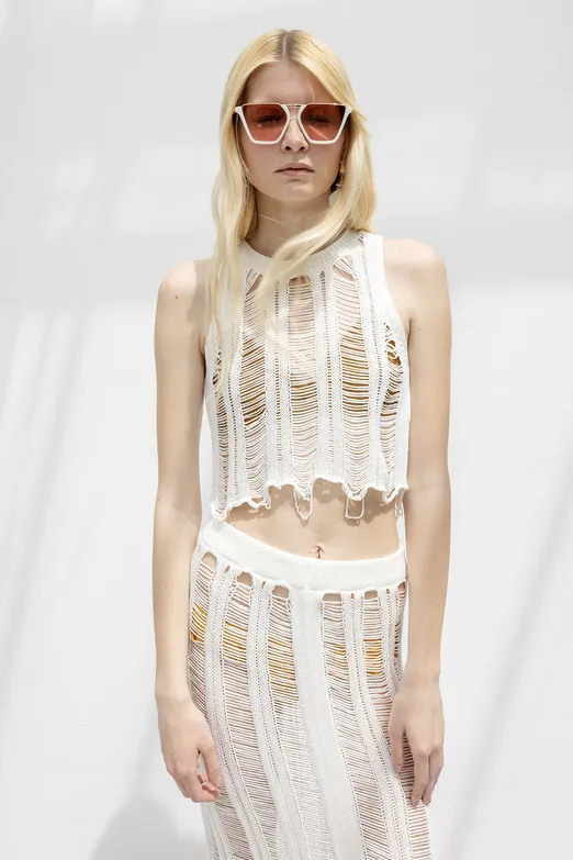 Bayan Beyaz Örme File Crop Plaj Bluz - BSL