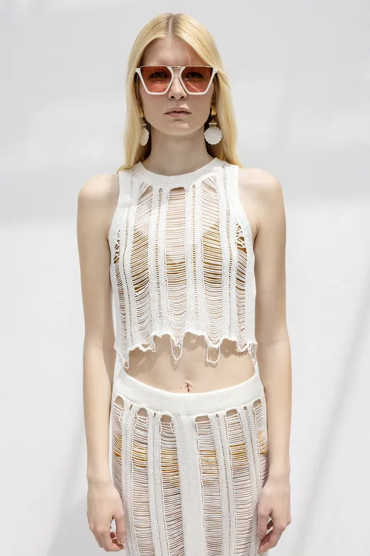 Bayan Beyaz Örme File Crop Plaj Bluz - BSL