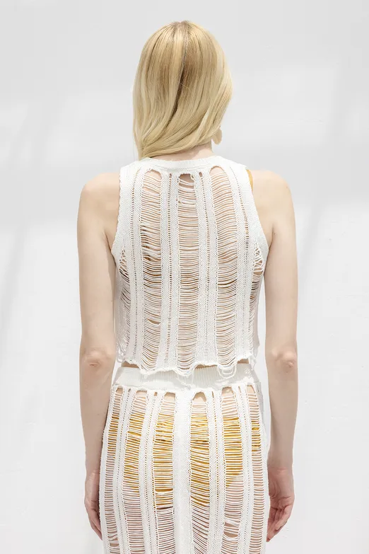 Bayan Beyaz Örme File Crop Plaj Bluz - BSL