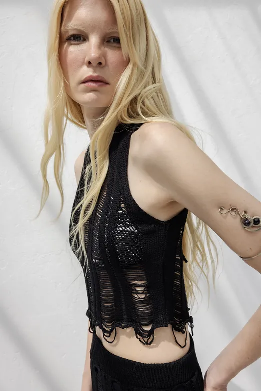 Bayan Siyah Örme File Crop Plaj Bluz - BSL