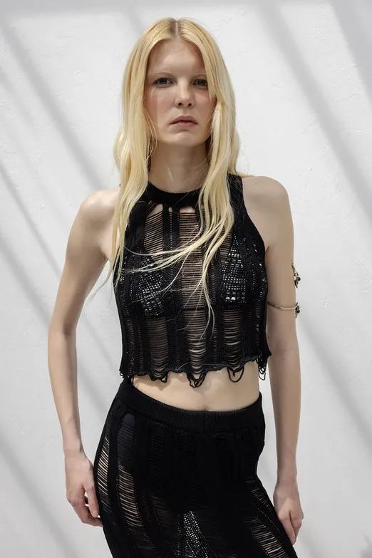 Bayan Siyah Örme File Crop Plaj Bluz - BSL