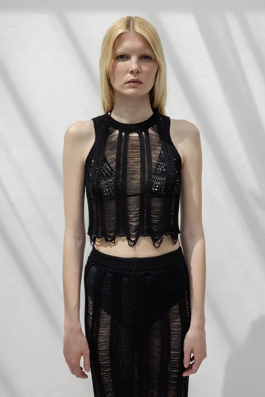 Bayan Siyah Örme File Crop Plaj Bluz - BSL