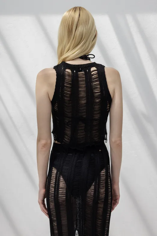 Bayan Siyah Örme File Crop Plaj Bluz - BSL