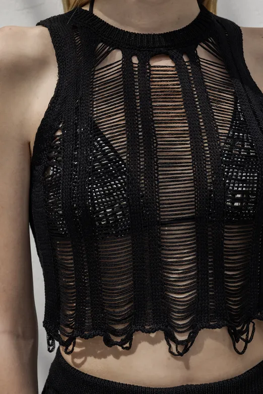 Bayan Siyah Örme File Crop Plaj Bluz - BSL