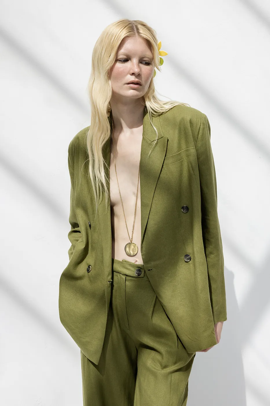 Bayan Yeşil Kruvaze Keten Blazer Ceket