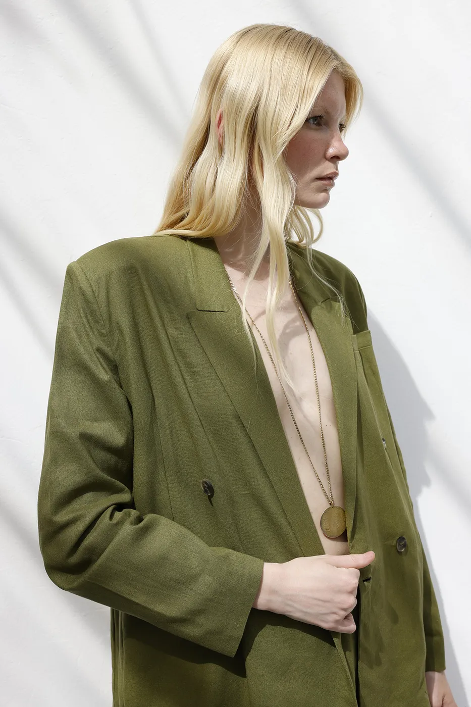 Bayan Yeşil Kruvaze Keten Blazer Ceket