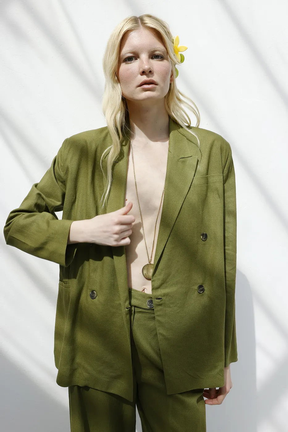 Bayan Yeşil Kruvaze Keten Blazer Ceket