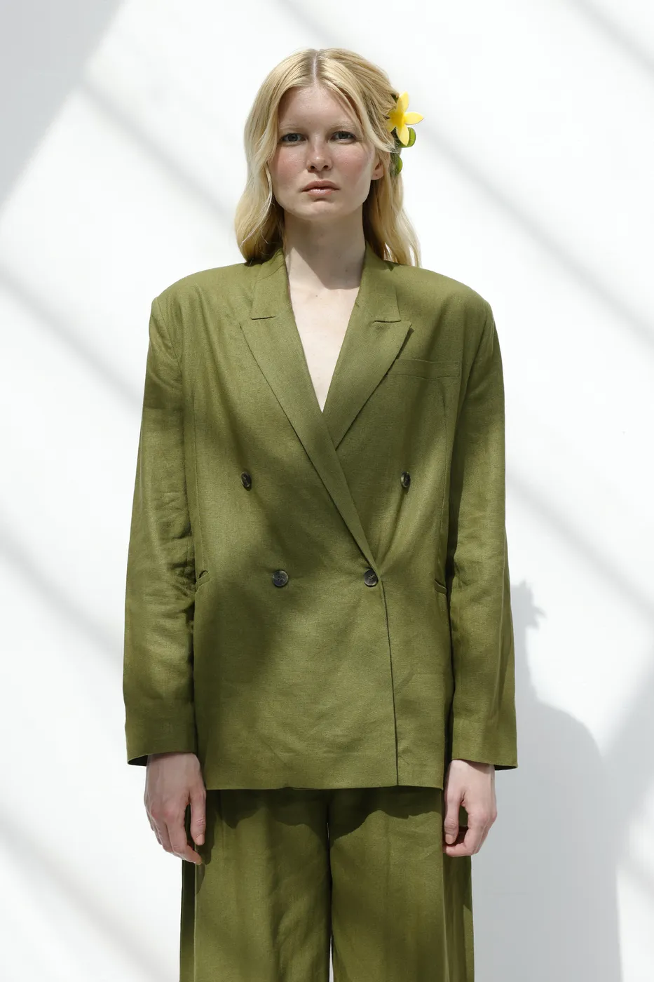 Bayan Yeşil Kruvaze Keten Blazer Ceket