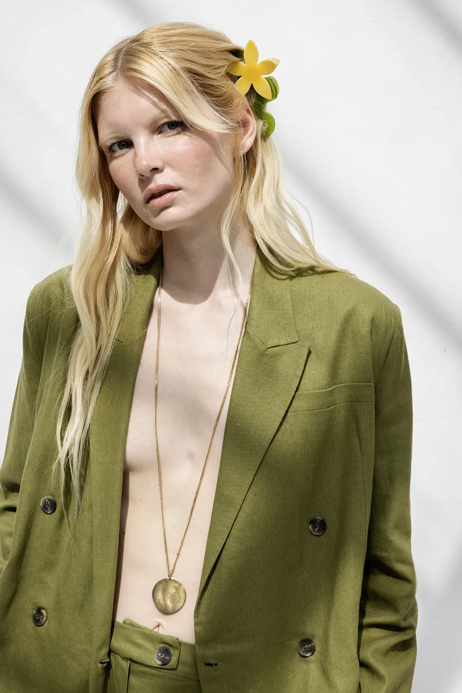 Bayan Yeşil Kruvaze Keten Blazer Ceket