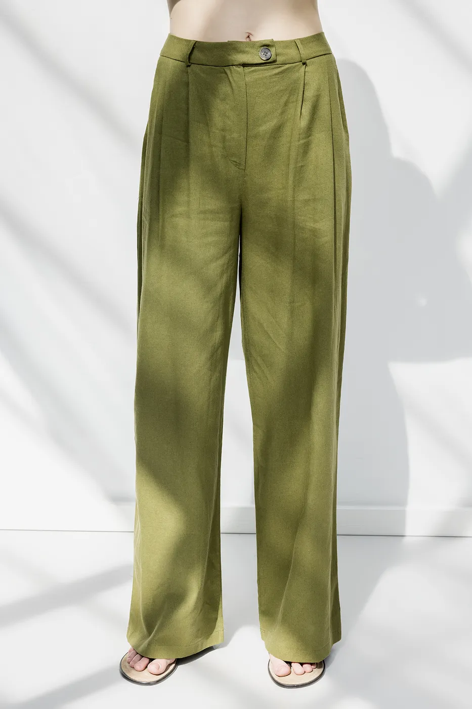 Bayan Yeşil Keten Pileli Bol Pantolon