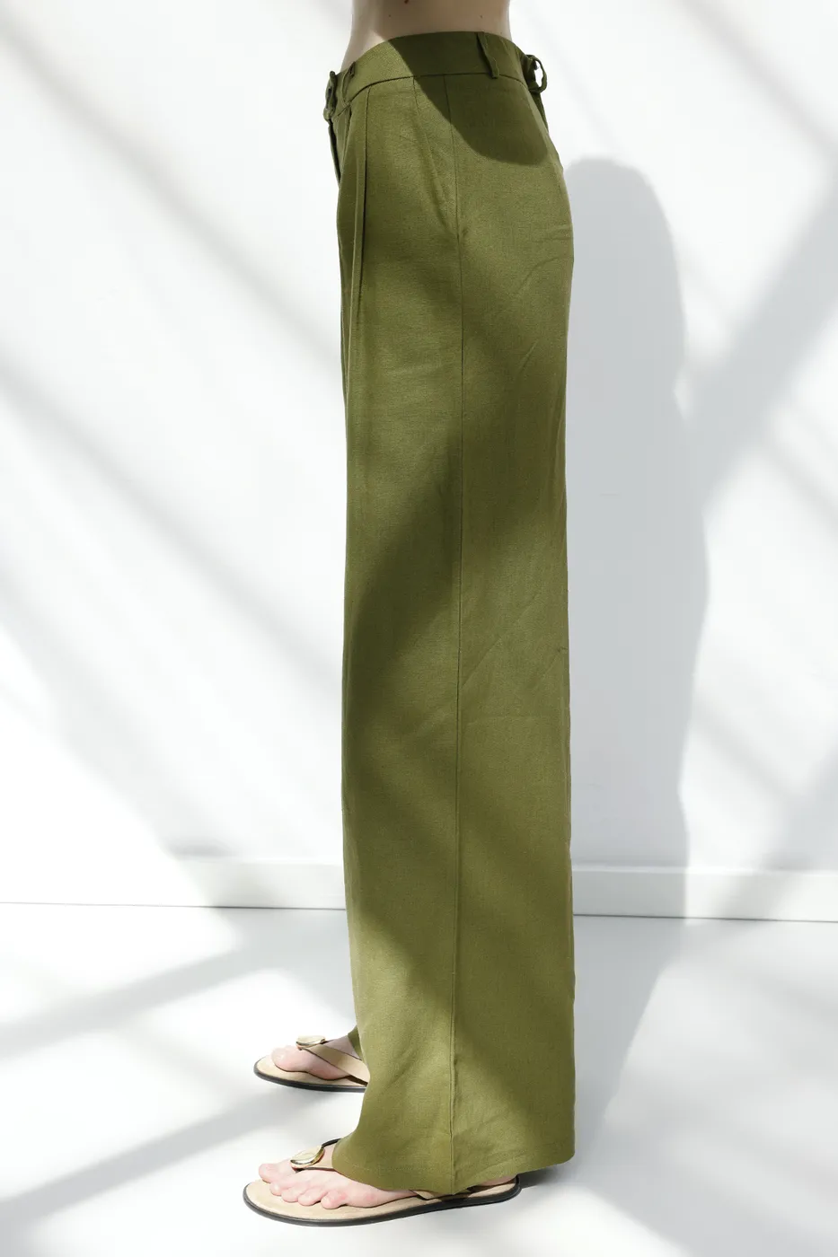 Bayan Yeşil Keten Pileli Bol Pantolon