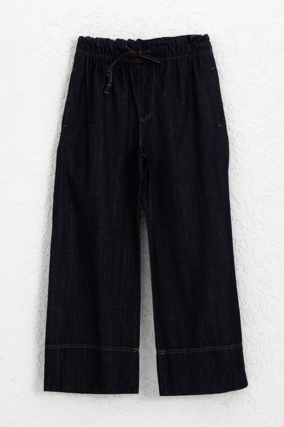 Bayan Lacivert Bağcıklı Geniş Paça Denim Pantolon