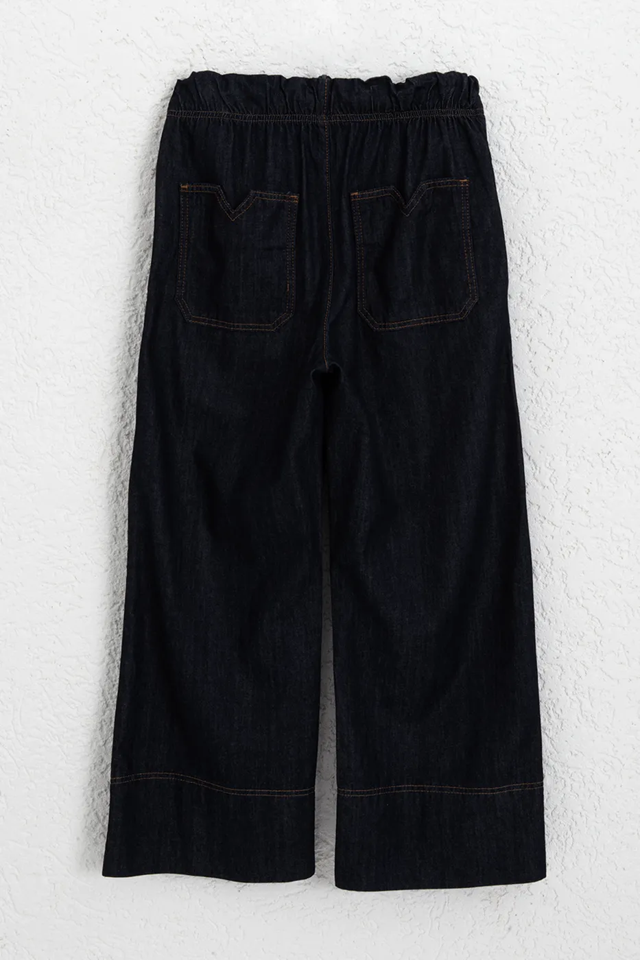 Bayan Lacivert Bağcıklı Geniş Paça Denim Pantolon