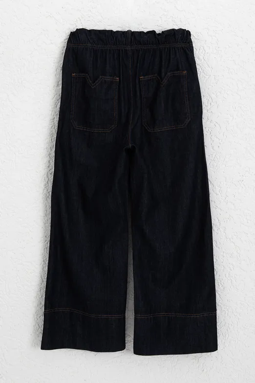 Bayan Lacivert Bağcıklı Geniş Paça Denim Pantolon - BSL