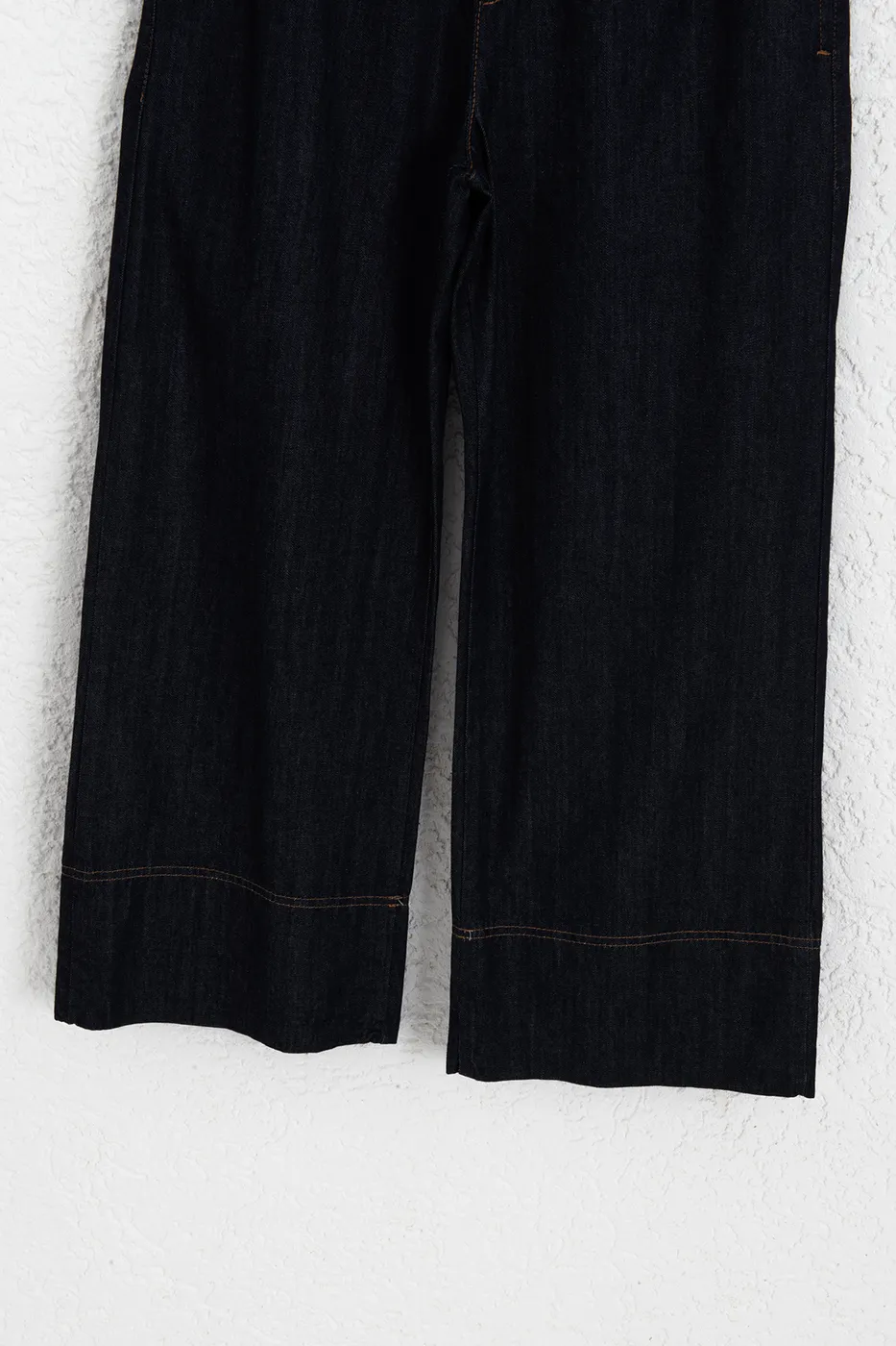 Bayan Lacivert Bağcıklı Geniş Paça Denim Pantolon