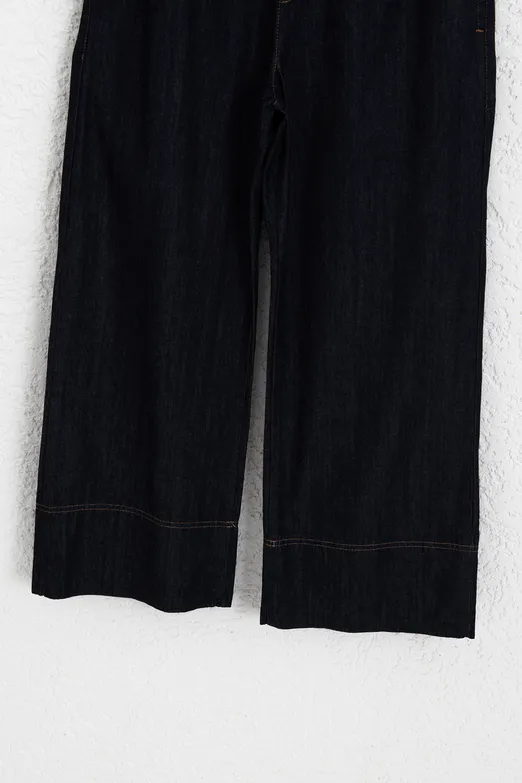 Bayan Lacivert Bağcıklı Geniş Paça Denim Pantolon - BSL