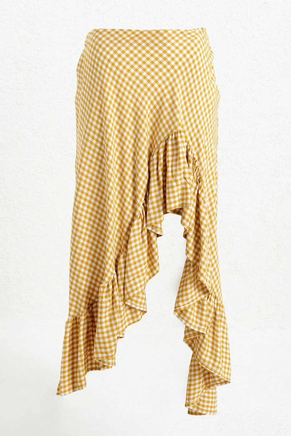 Bayan Sarı Piti Kareli Asimetrik Fırfırlı  Midi Etek