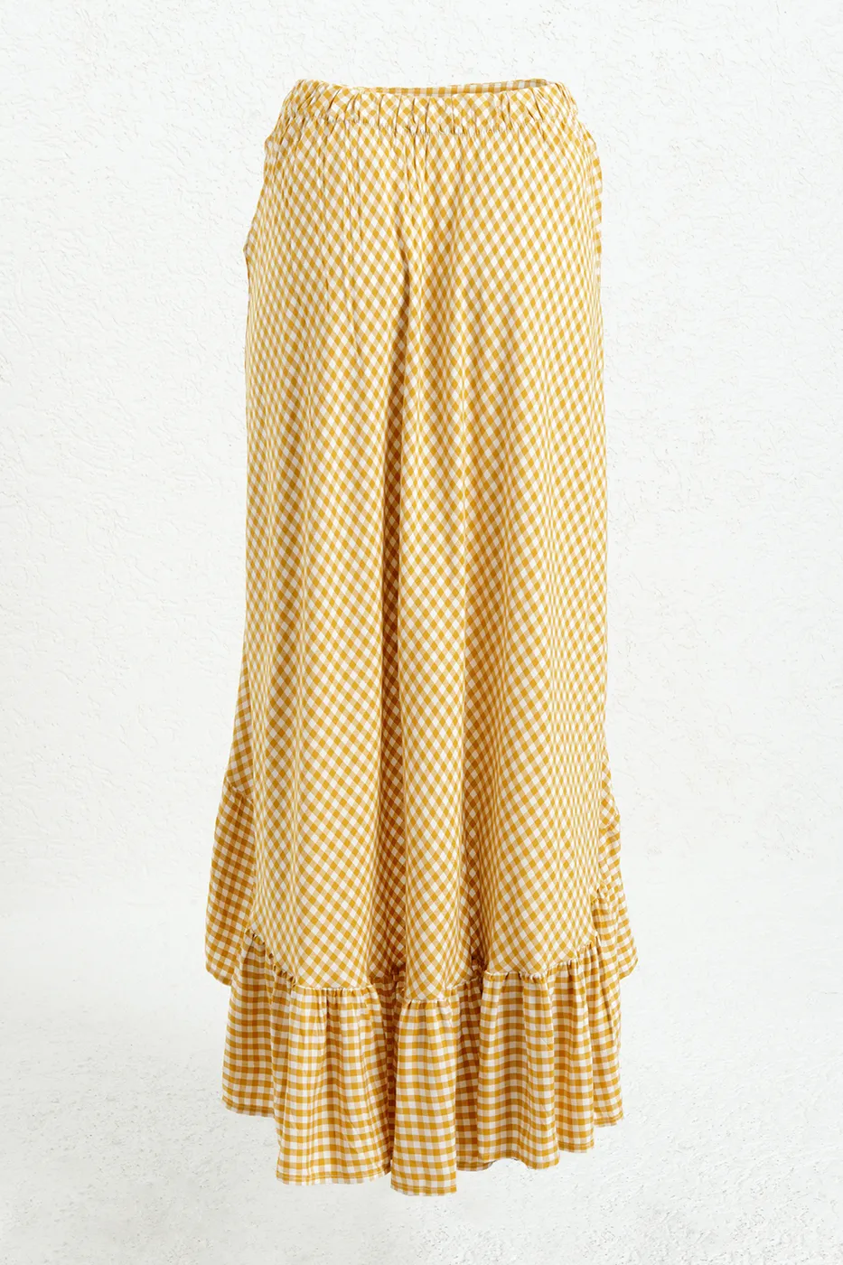 Bayan Sarı Piti Kareli Asimetrik Fırfırlı  Midi Etek