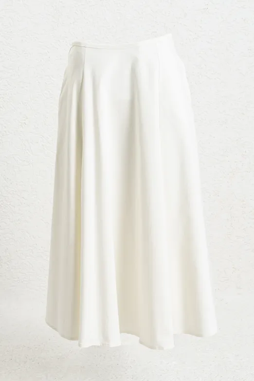 Bayan Beyaz Cep Detaylı Midi Kloş Etek - BSL