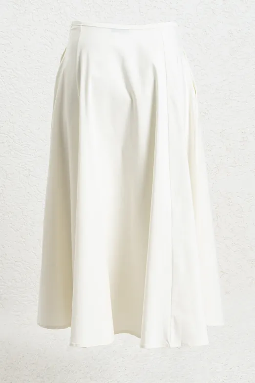 Bayan Beyaz Cep Detaylı Midi Kloş Etek - BSL