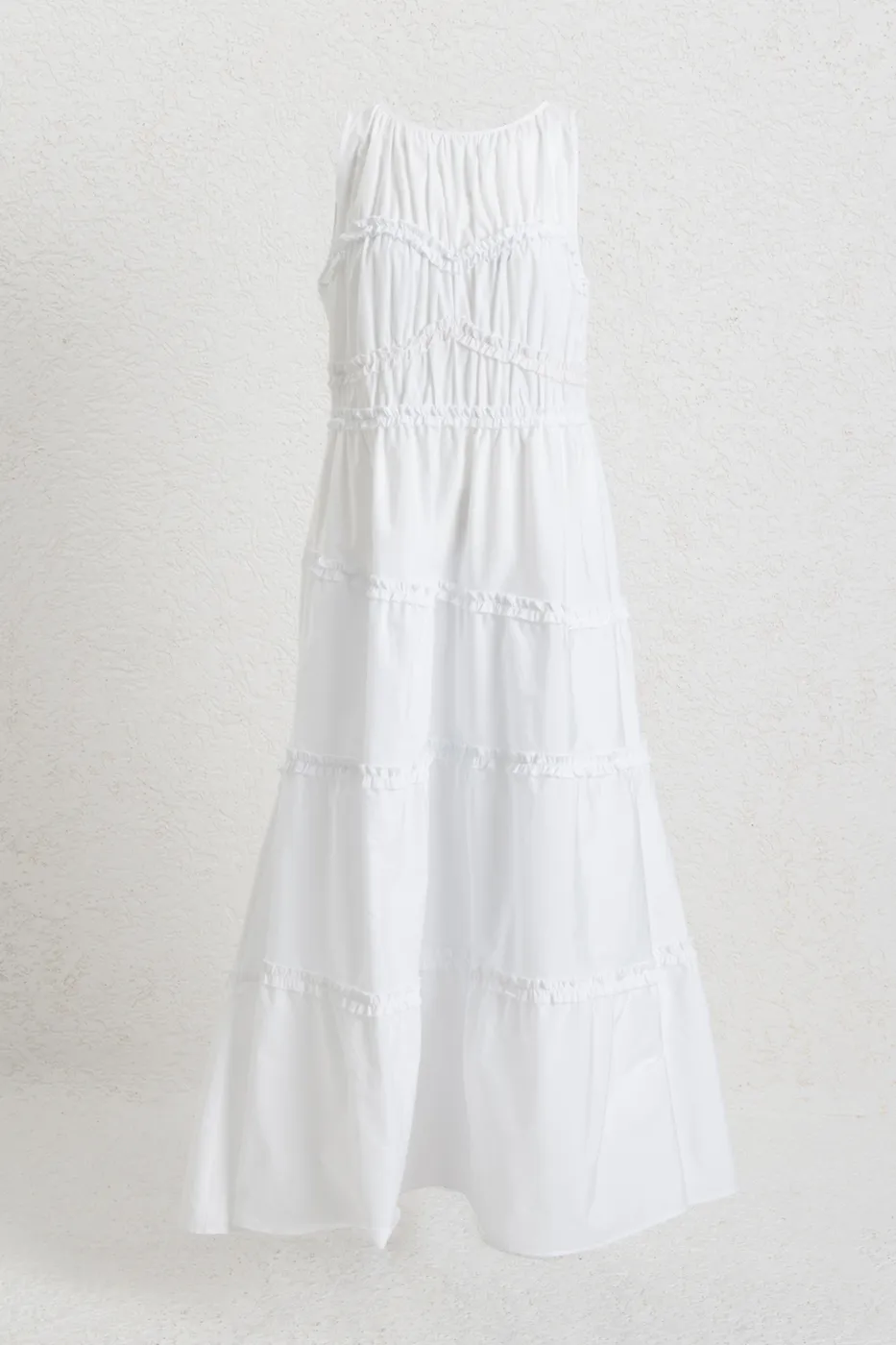 Bayan Beyaz Katlı Volanlı Midi Cotton Elbise