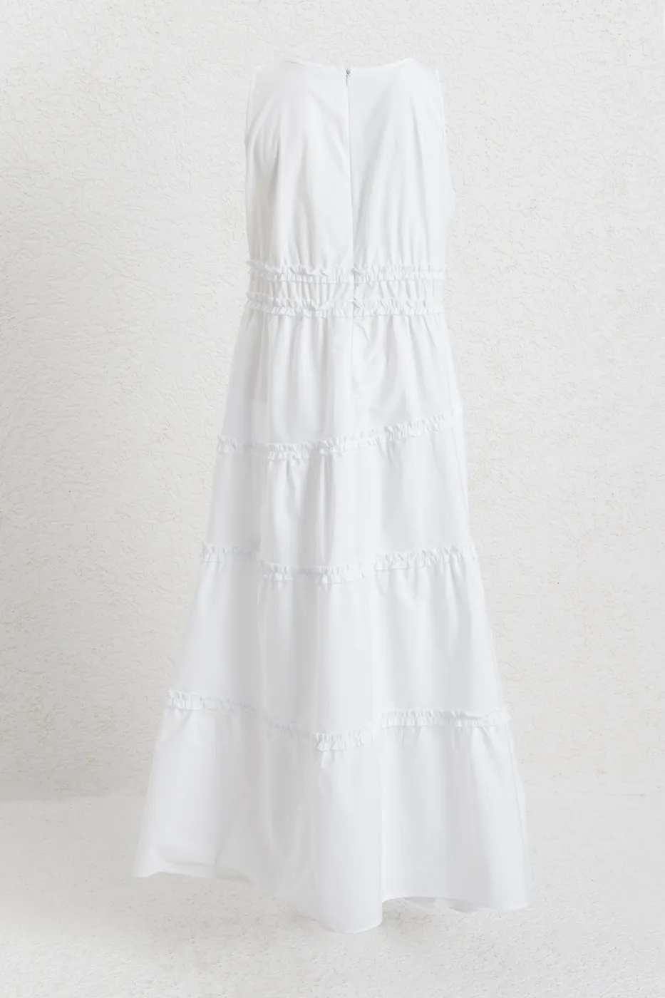 Bayan Beyaz Katlı Volanlı Midi Cotton Elbise