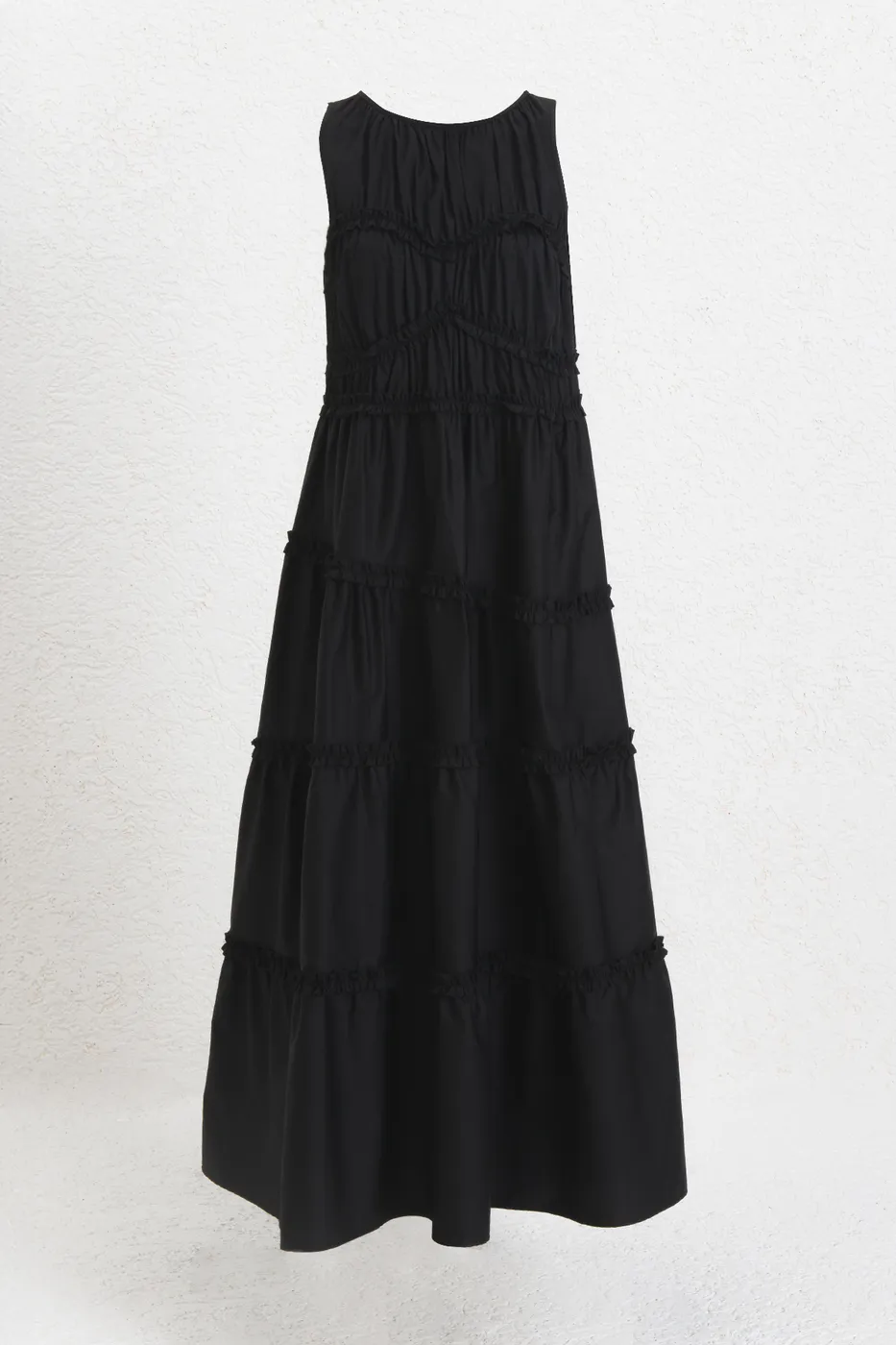 Bayan Siyah Katlı Volanlı Midi Cotton Elbise