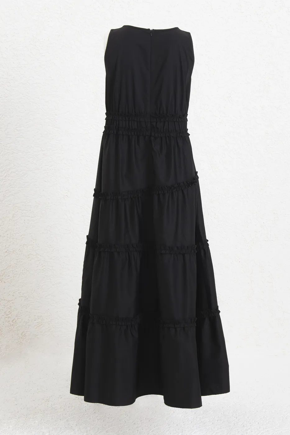 Bayan Siyah Katlı Volanlı Midi Cotton Elbise