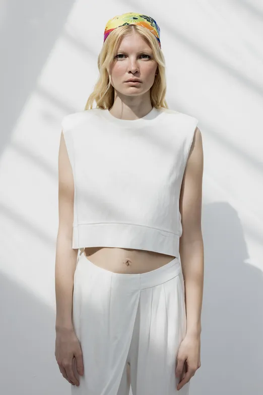 Bayan Ekru Yandan Bağcıklı Crop Keten Bluz - BSL