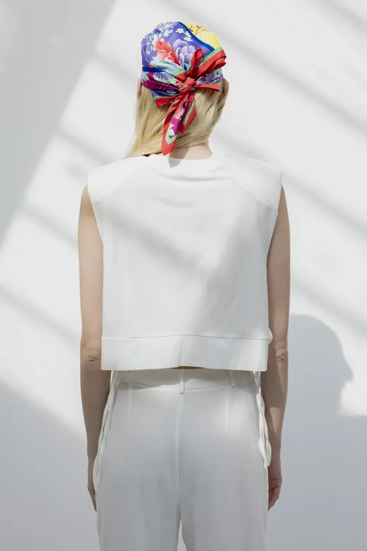 Bayan Ekru Yandan Bağcıklı Crop Keten Bluz - BSL